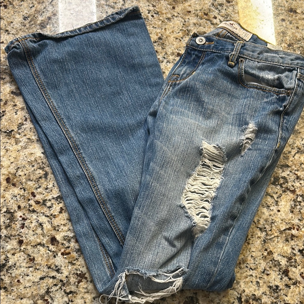 Hollister Blue Flare Jeans Distressed Wide Leg